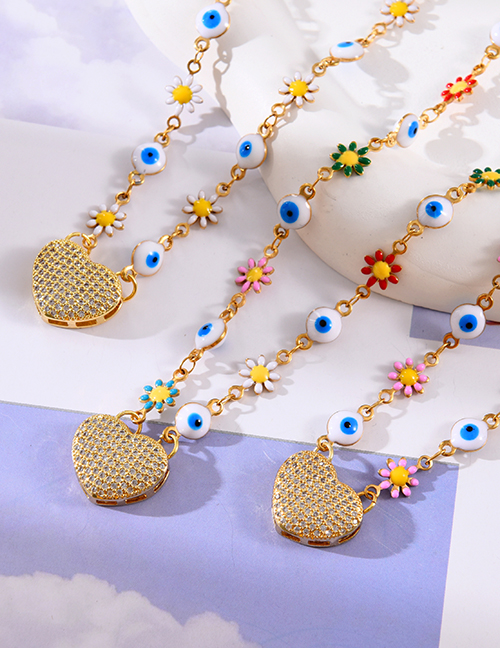 Fashion Color Titanium Steel Dripping Oil Eye Flower Heart Zircon Pendant Necklace