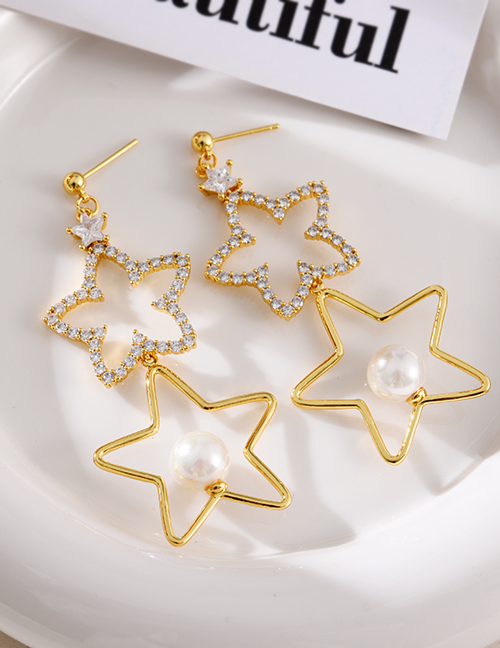 Fashion Gold Copper-set Zirconia Pentagram Pearl Earrings