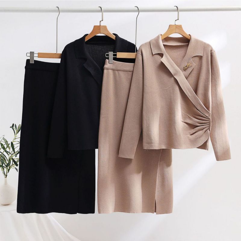 Fashion Dark Brown Cotton V-neck Cross-knit Irregular Top And Skirt Suit