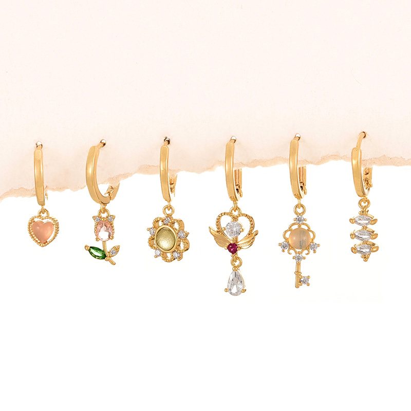 Fashion Gold Copper Inlaid Zirconium Flower Love Pendant Earring Set Of 6 Pieces