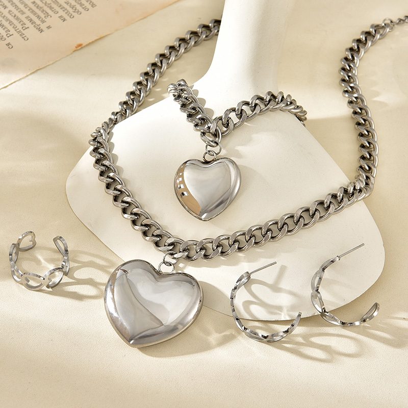 Fashion Silver Titanium Steel Love Necklace Earrings Bracelet Ring Set
