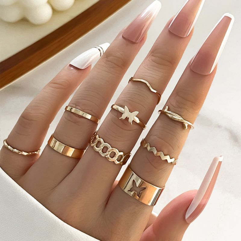 Fashion Gold Metal Butterfly Glossy Ring Set