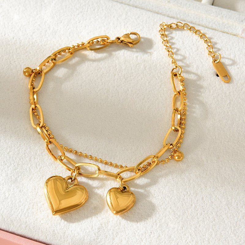 Fashion Gold Titanium Steel Double Layer Love Pendant Bead Bracelet