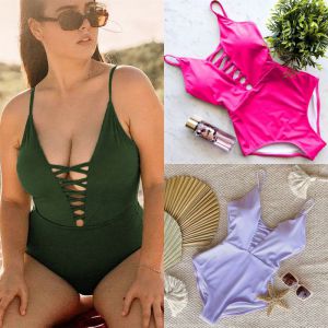 Fashion Purple Polyester Hollow Cross-tie V-neck One-piece Swimsuit