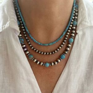 Fashion Silver Turquoise Beaded Necklace And Earrings Set
