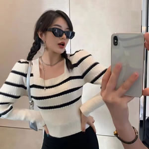 Fashion Black And White Stripes Striped Puff Sleeve Square Neck Sweater