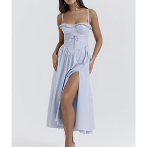 Fashion Light Blue Cotton Slit Knee-length Dress