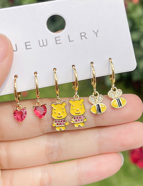 Fashion Color Copper Inlaid Zircon Drip Oil Bear Bee Love Pendant Earrings Set Of 6