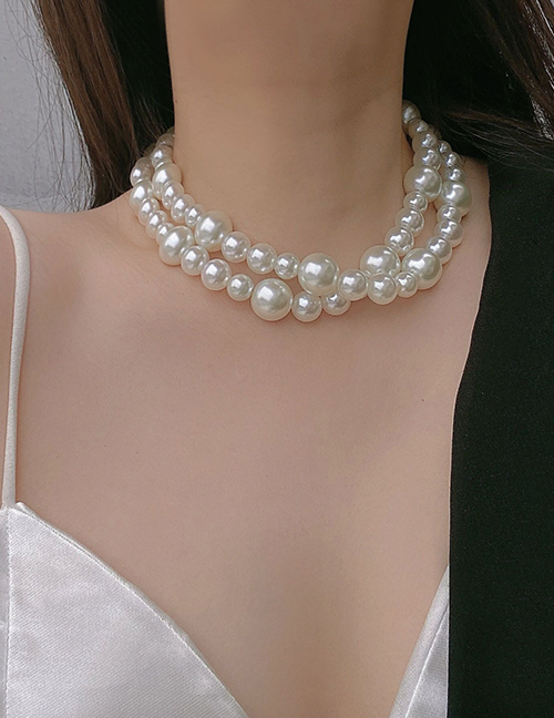 Fashion White Small And Large Pearl Beaded Double Panel Necklace