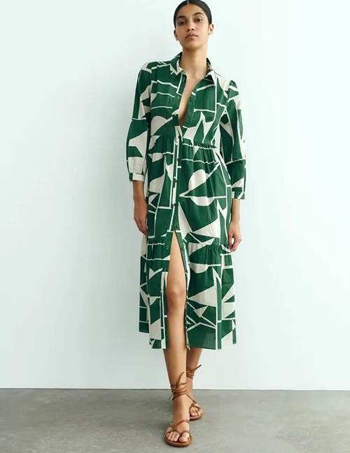 Fashion Green Polyester Print Lapel Breasted Dress