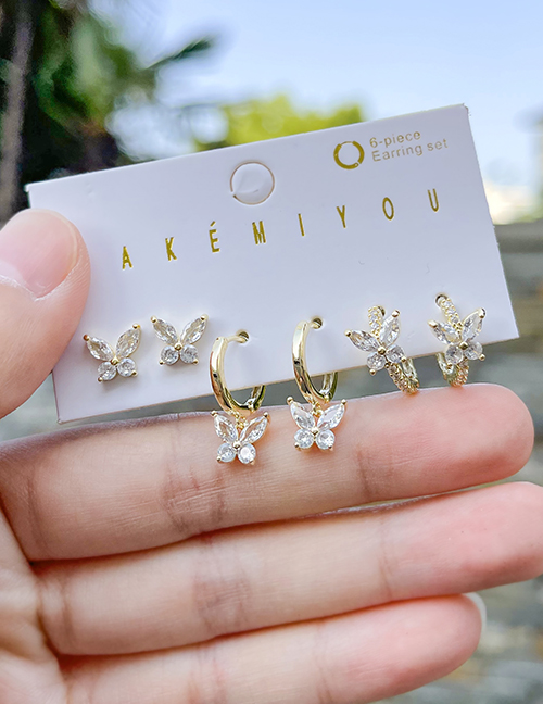 Fashion Gold Set Of 6 Copper Inlaid Zircon Butterfly Pendant Earrings