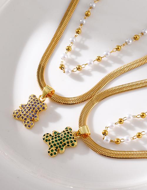 Fashion Color Double-layer Titanium Steel Inlaid Zirconia Bear Pearl Pendant Snake Bone Chain Necklace