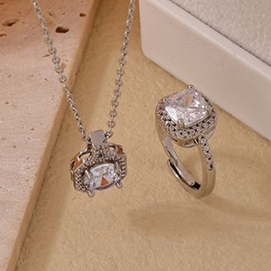Fashion White Gold And White Diamonds Copper Set Square Zirconium Necklace And Ring Set