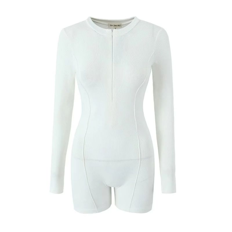 Fashion White Knitted Zipper Jumpsuit