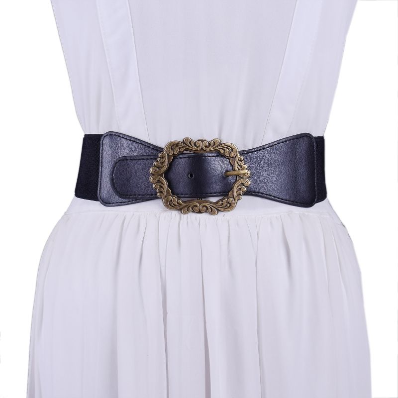 Fashion Off White Wide Elasticated Belt With Engraved Buckles