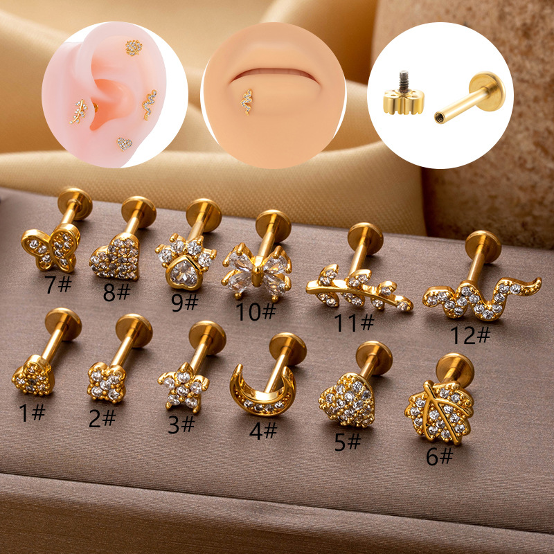 Fashion 12#gold Stainless Steel Diamond-encrusted Threaded Rod Piercing Lip Nail