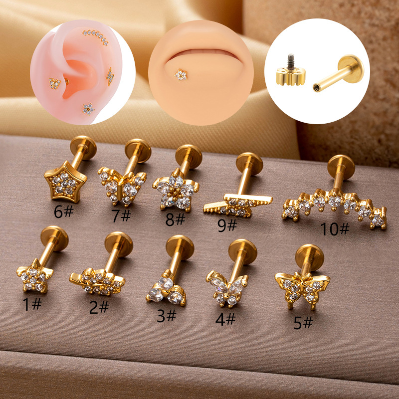 Fashion 10#gold Stainless Steel Diamond-encrusted Threaded Rod Piercing Lip Nail
