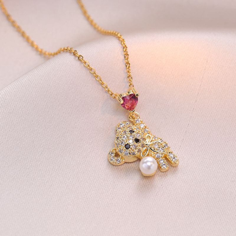 Fashion Gold Titanium Steel Diamond Bear Necklace