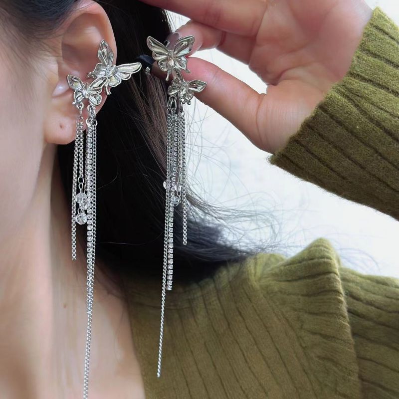 Fashion Ear Clip Style Alloy Diamond Double Butterfly Cuff Earrings