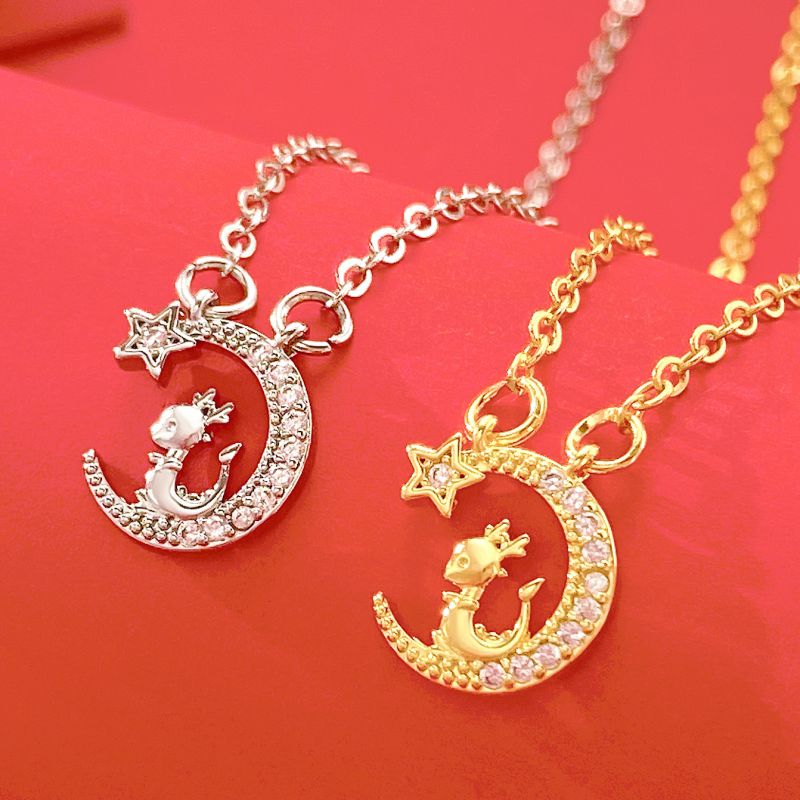 Fashion Gold Copper Diamond Moon Dragon Necklace