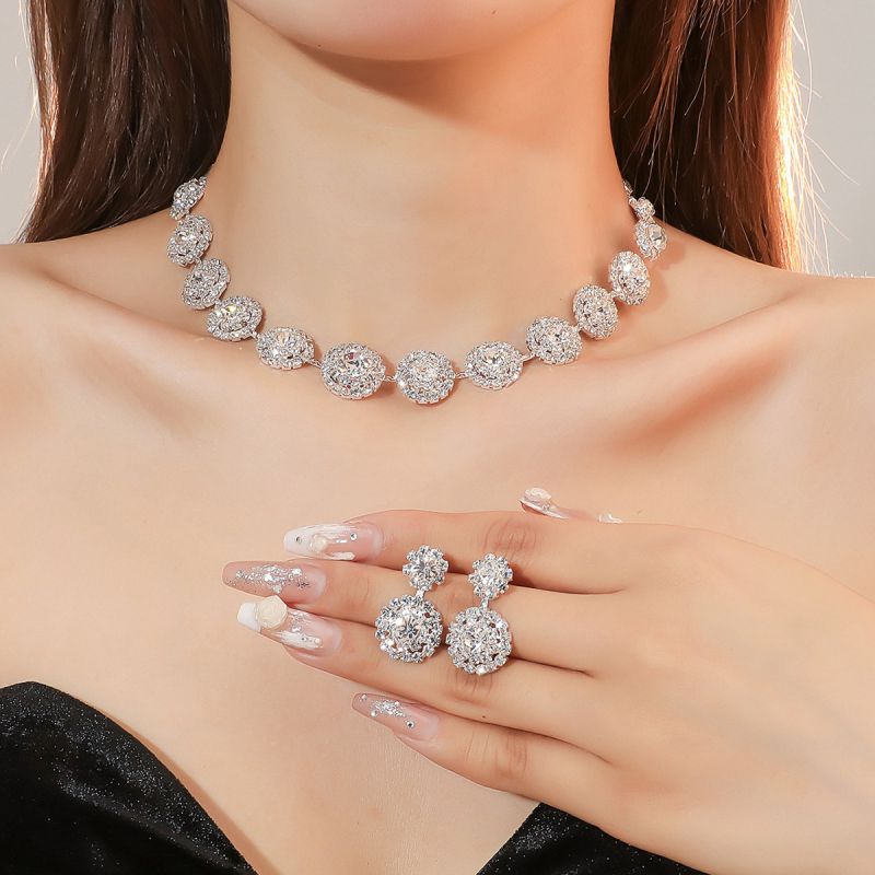 Fashion Silver Geometric Diamond Necklace And Earrings Set