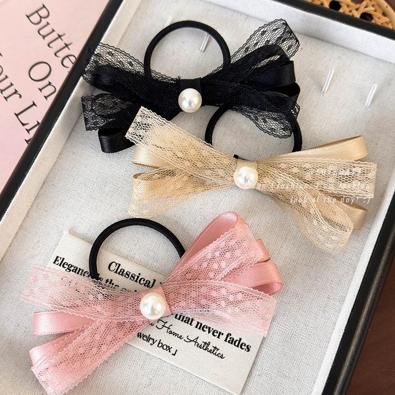 Fashion A Pink Bow Lace Bow Pearl Hair Tie 