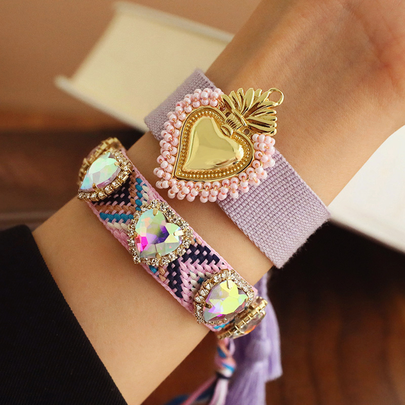 Fashion Purple Two-piece Set Of Rice Beads Irregular Love Heart Inlaid With Diamond Braided Tassel Bracelets 