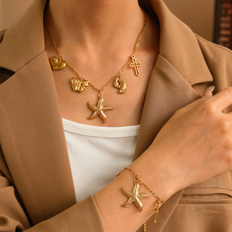 Fashion Golden 1 Titanium Steel Love Cross Starfish Pendant Necklace 