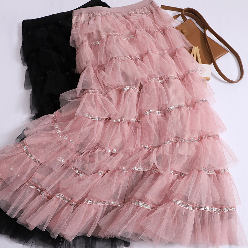 Fashion Pink Mesh Sequin Patchwork Layered Skirt 