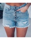 Fashion Dark Blue High-waisted Denim Shorts With Ripped Buttons