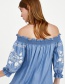 Fashion Blue Embroidery Flower Decorated Off Shoulder Dress