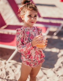 Fashion Red Flowers 2-piece Swimsuit Long-sleeved Flower Print Ruffled Quick-drying Swimsuit For Children