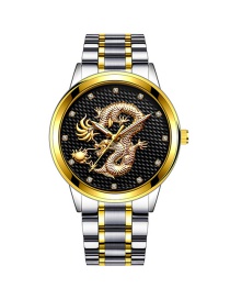 Fashion Gold With Black Face Embossed Dragon Non-mechanical Steel Band Quartz Mens Watch