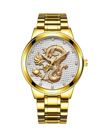 Fashion Gold Color Strip White Noodles Embossed Dragon Non-mechanical Steel Band Quartz Mens Watch