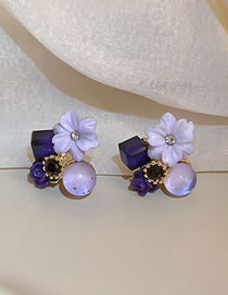Fashion Purple Alloy Diamond Cat's Eye Crystal Flower Stud Earrings
