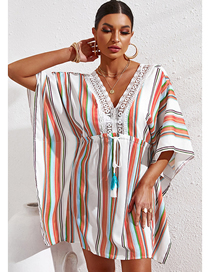 Fashion White Rainbow Striped Lace Cover Up Dress