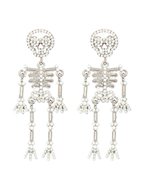 Fashion Silver Halloween Pearl Skull Stud Earrings