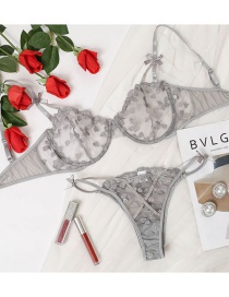 Fashion Grey Lace Crocheted Perspective Bowknot Underwear Set