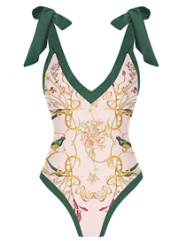 Fashion Green Polyester V-neck Print Lace-up Swimsuit