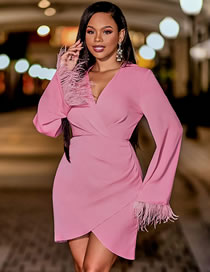 Fashion Pink Polyester Fleece Cuff V-neck Dress Reviews