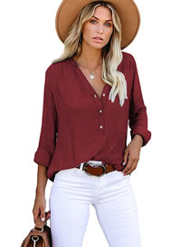 Fashion Red Polyester V-neck Button-up Shirt