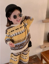 Fashion Yellow Sweater Suit Woolen Knitted Printed Children's Round Neck Sweater And Trousers Set