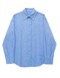 Fashion Blue Cotton Faux Jewels Lapel Shirt