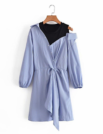 Fashion Blue Fake Two Off-shoulder Shirt Dresses