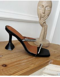 Fashion Black Rhinestone Strappy Square Toe High-heeled Sandals