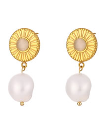 Fashion White Cat Eye Gold Plated Stainless Steel Round Sunflower Pearl Earrings