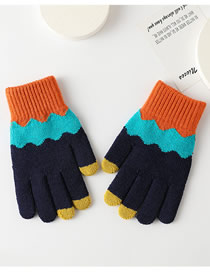 Fashion Women's Navy Blue Contrast Knit Five Finger Gloves