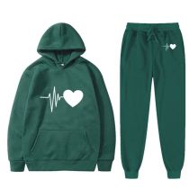 Fashion Dark Green 3 Polyester Printed Hooded Sweatshirt Lace-up Trousers Track Suit