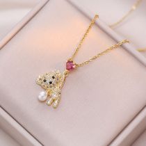 Fashion Gold Titanium Steel Diamond Bear Necklace