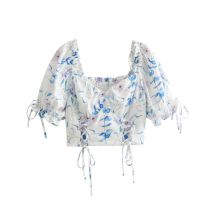 Fashion Blue Polyester Printed Strappy Square Neck Top 